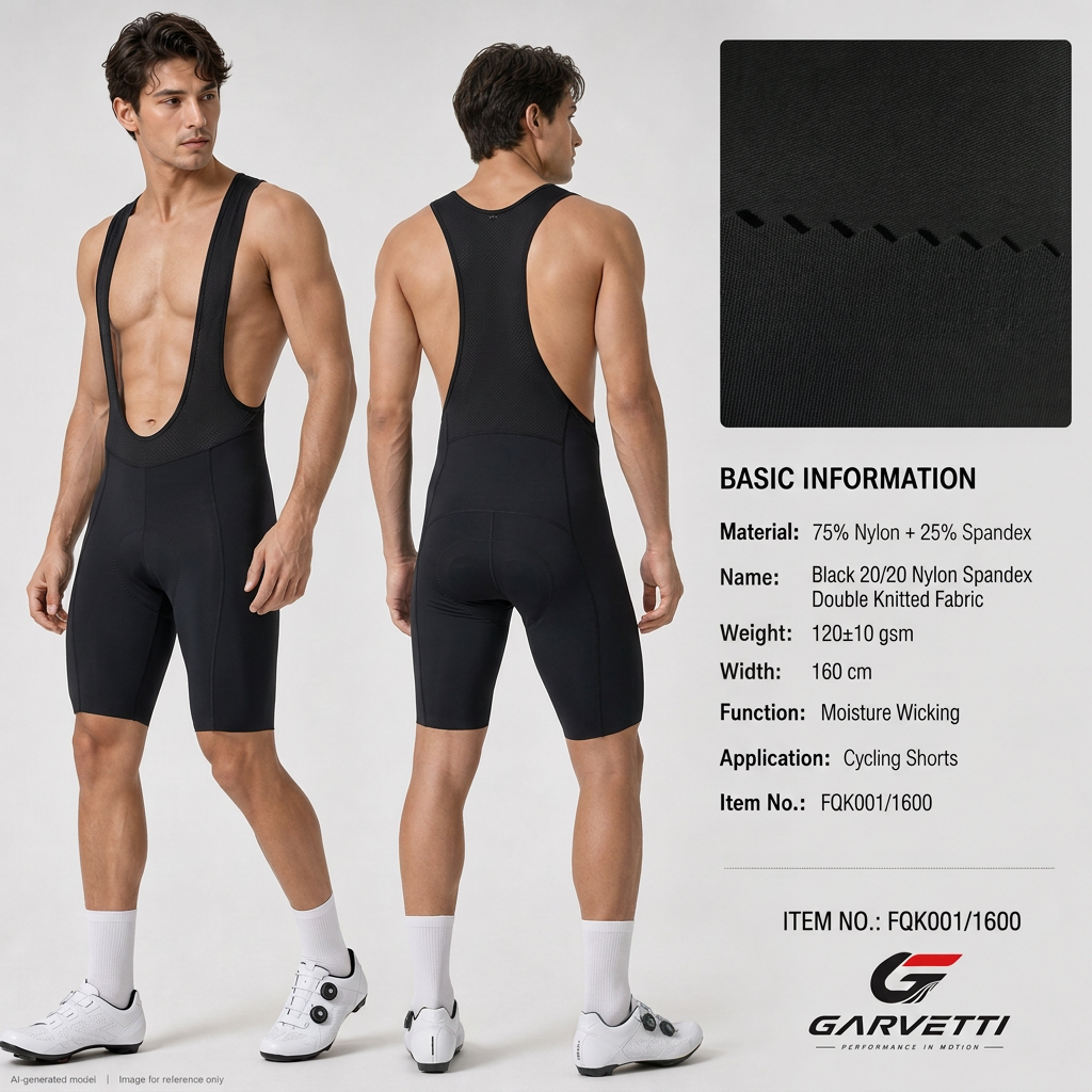 Black 20/20 Nylon Spandex Interlock Fabric by Meter, 75% Nylon 25% Spandex, 120gsm, Lightweight Smooth, Summer