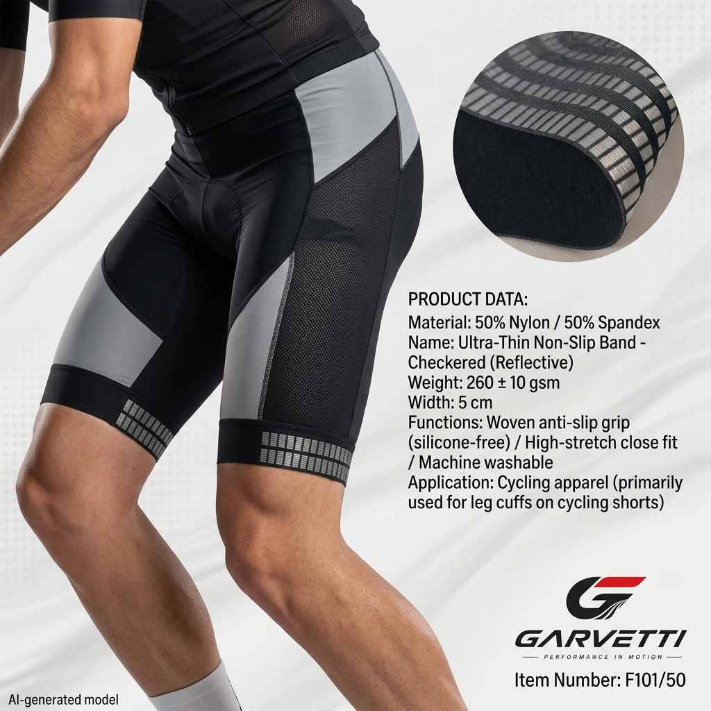 Ultra Thin Black Check Non-Slip Gripper Elastic Webbing Band, 50% Nylon 50% Spandex, 5cm Wide, Cycling Shorts Leg Hem