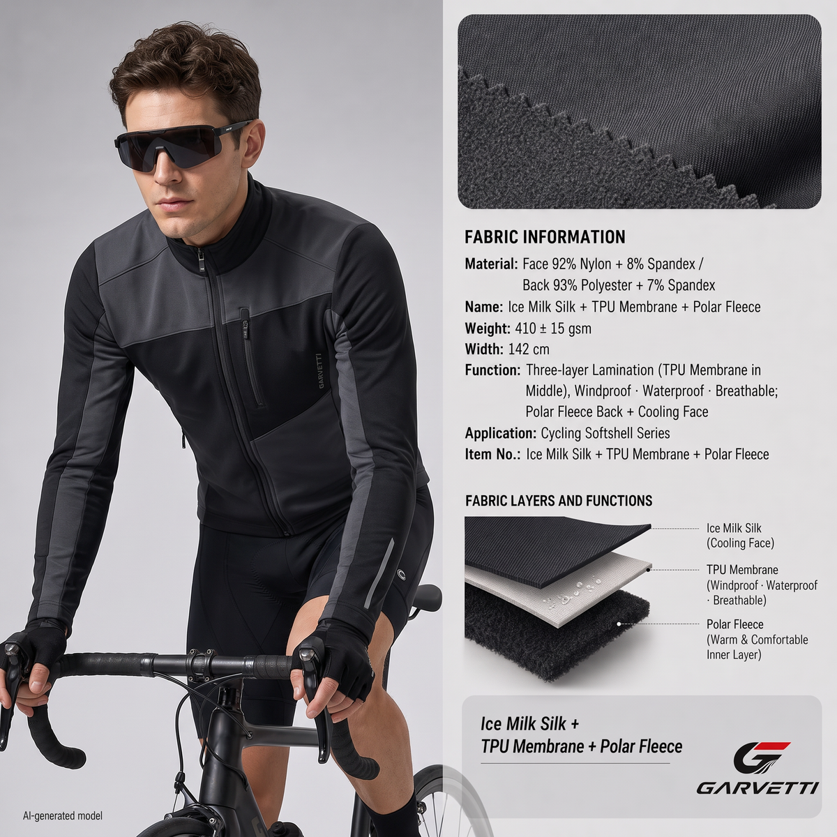 3-Layer Waterproof Breathable TPU Membrane Fabric by Meter, Cooling Milk Silk Face + Fleece Back, 410gsm, Windproof Rainproof