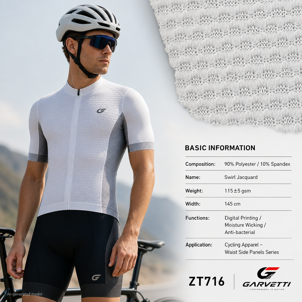 Spiral Jacquard Sport Knit Fabric by Meter, 90% Poly 10% Spandex, 115gsm, Dynamic Pattern, Custom Jersey