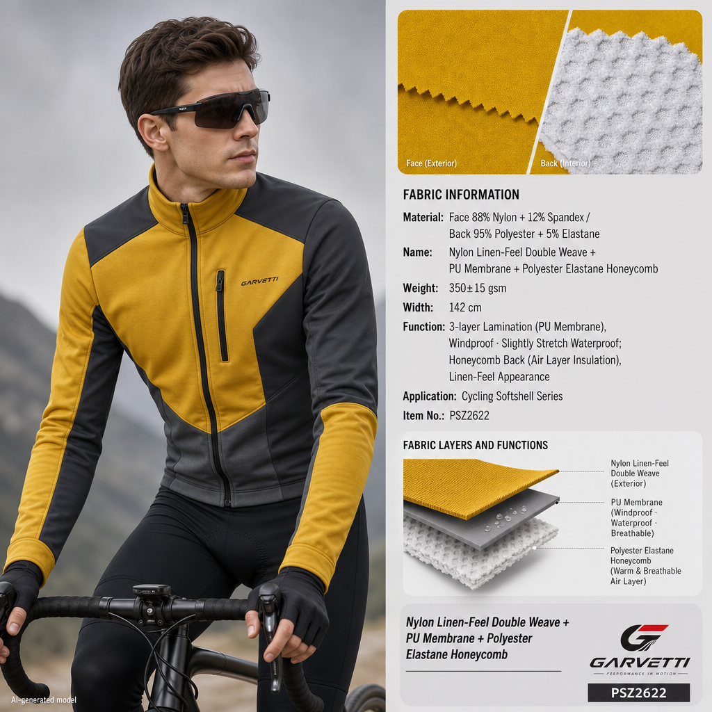 PSZ2622 cycling softshell fabric with nylon-spandex face, PU membrane and honeycomb backing.