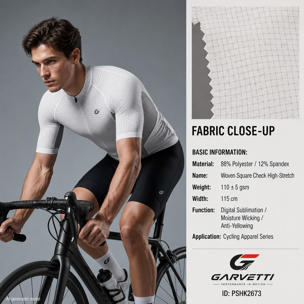 Woven Square Check High Stretch Cycling Fabric by Meter, 88% Polyester 12% Spandex, 110gsm, 4-Way Stretch, Crisp Jersey Woven