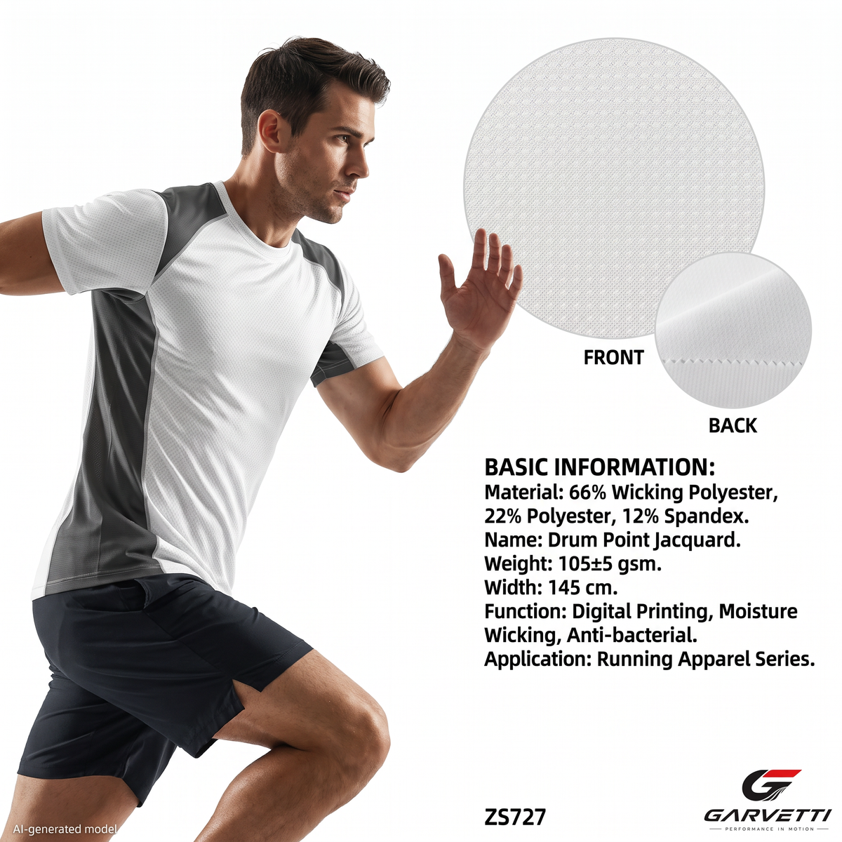 Moisture Wicking Anti-Bacterial Jacquard Running Fabric by Meter, 66% Polyester 22% Poly 12% Spandex, 105gsm, 4-Way Stretch, Custom Sublimation Print