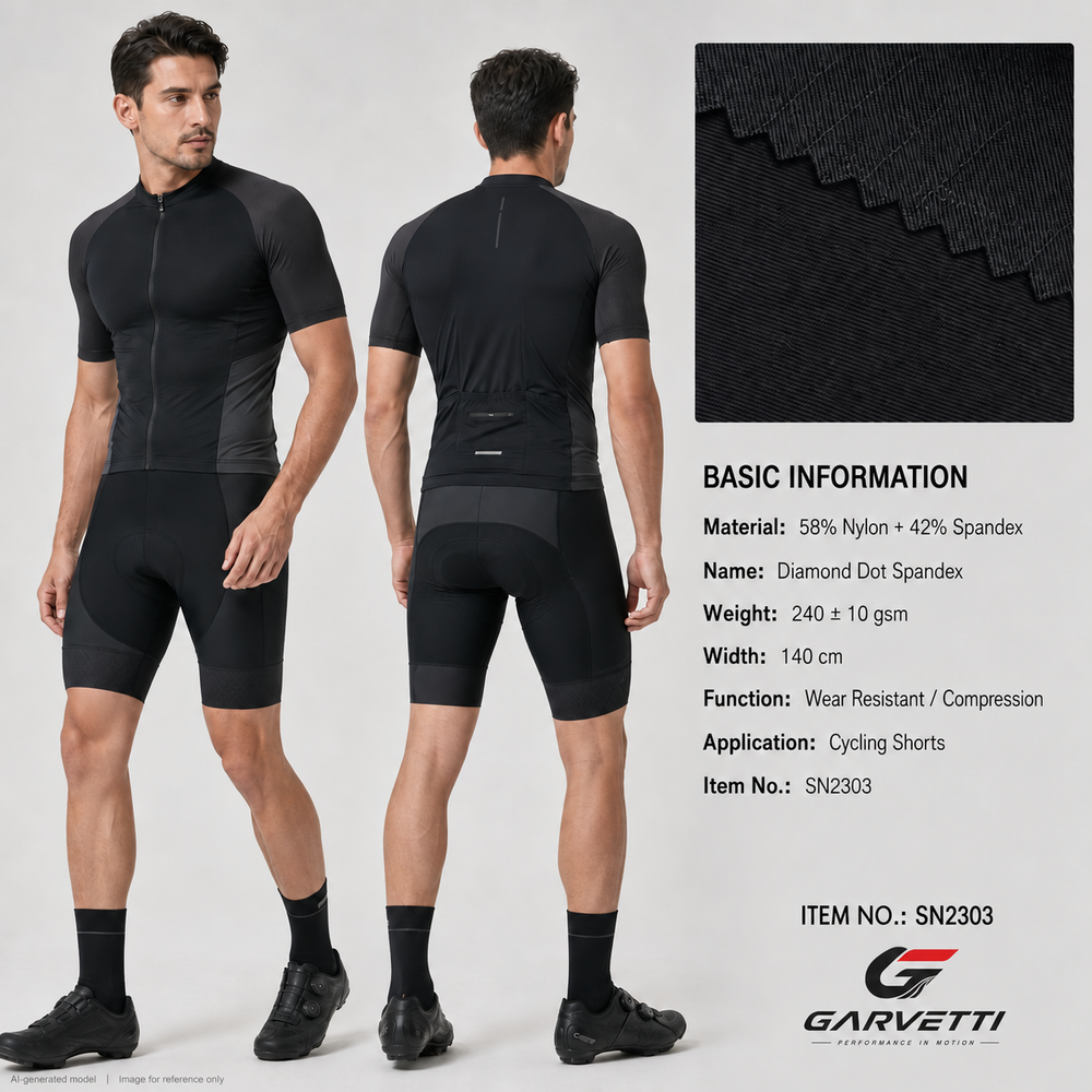 SN2303 diamond dot fabric for cycling shorts; 58% nylon, 42% spandex